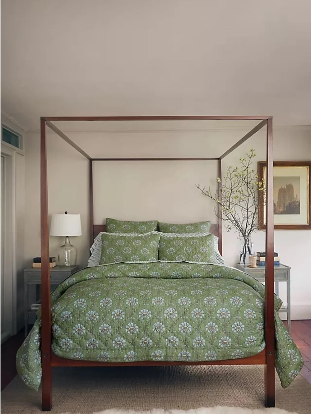 John Robshaw || Jeeva Quilted Shams Pair Sage Green Floral Block Print Standard
